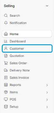 Selling menu in RockifyERP with Customer highlighted